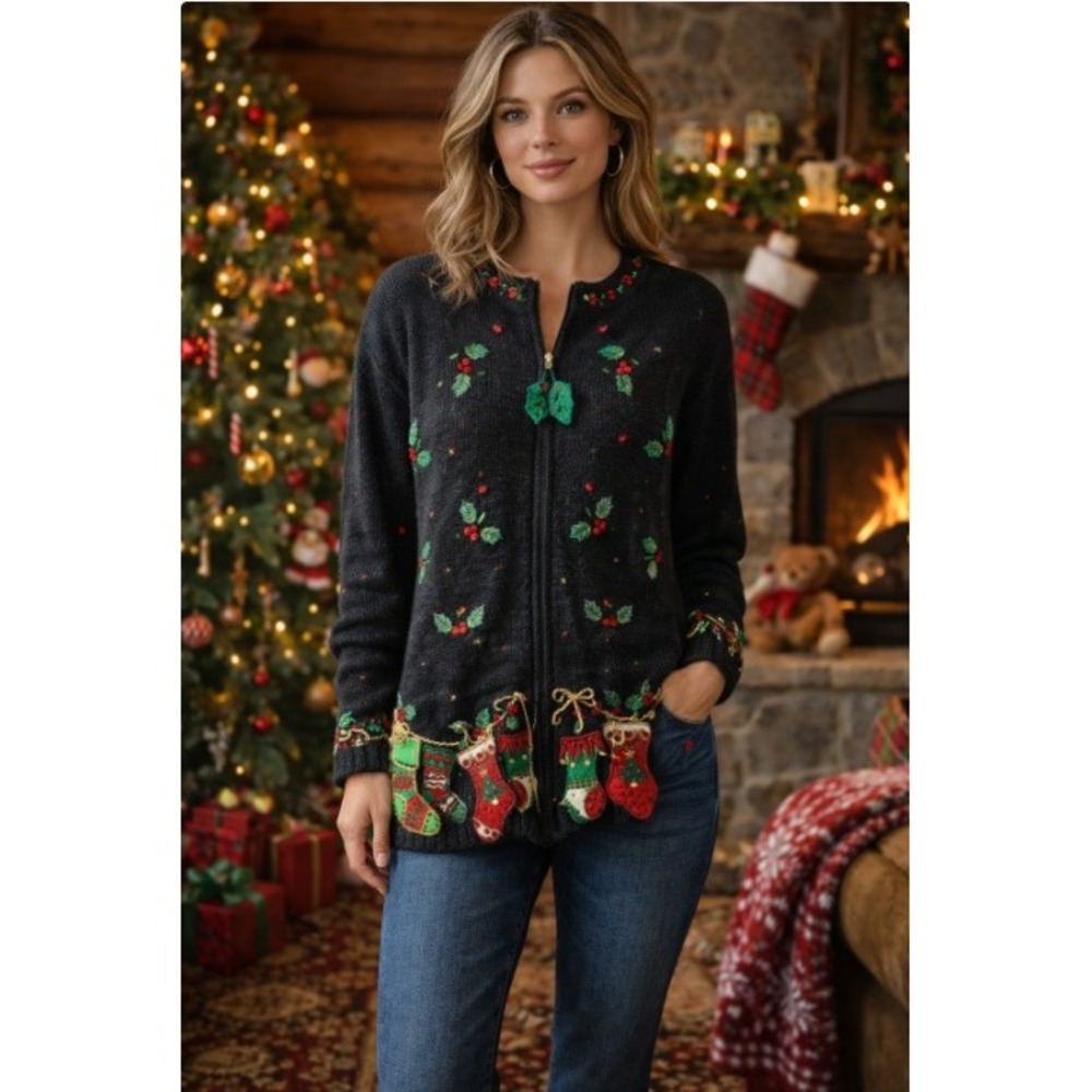 Heirloom Collectibles Christmas Embroidered Zip Front Cardigan Sweater Medium